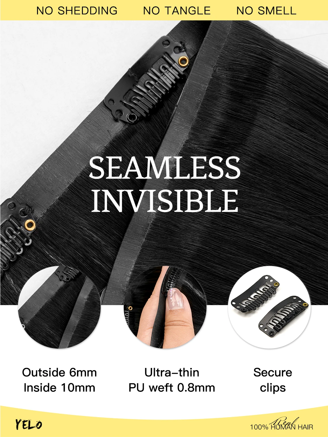 YELO غير مرئية PU كليب في شعر بشري لعذراء 7 قطعة 110 جرام مستقيم 14-24 بوصة لحمة PU سلسة مع نهايات طبيعية سميكة