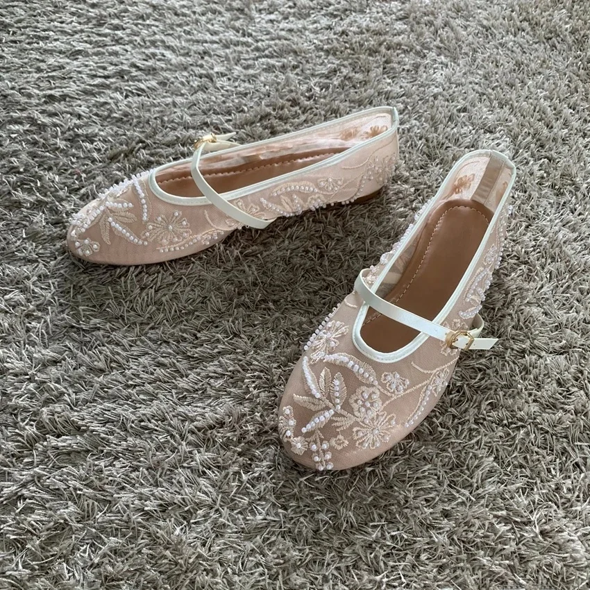 Mesh borduurwerk string kraal ontwerp dames ballet flats mode gesp ademend Mary Jane schoen comfort lage hak zachte platte sandaal - afbeelding 2