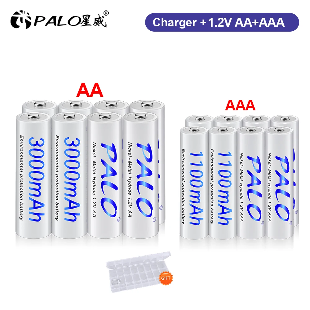 

PALO 1.2V NI-MH AA Rechargeable Battery+1.2V AAA Rechargeable Batteries+LCD Smart USB Charger for 1.2V AA AAA LR3 LR6 Battery