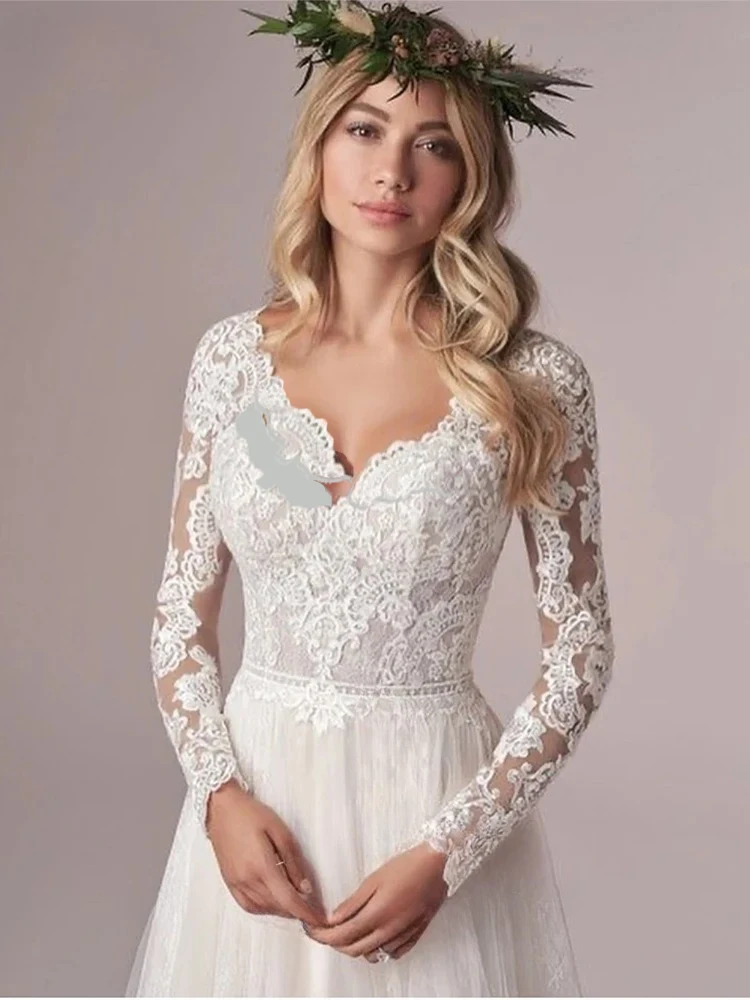 Boho Long Sleeves A-line Wedding Dresses For Women Corset Low Back Floor Length Lace Appliques Tulle Bridal Gown Customized