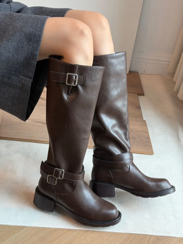BANFANG 4.5CM Buckle Knight Knee High Boots Women Soft Genuine Leather Round Toe Chunky Heel Long Shoes Fashion