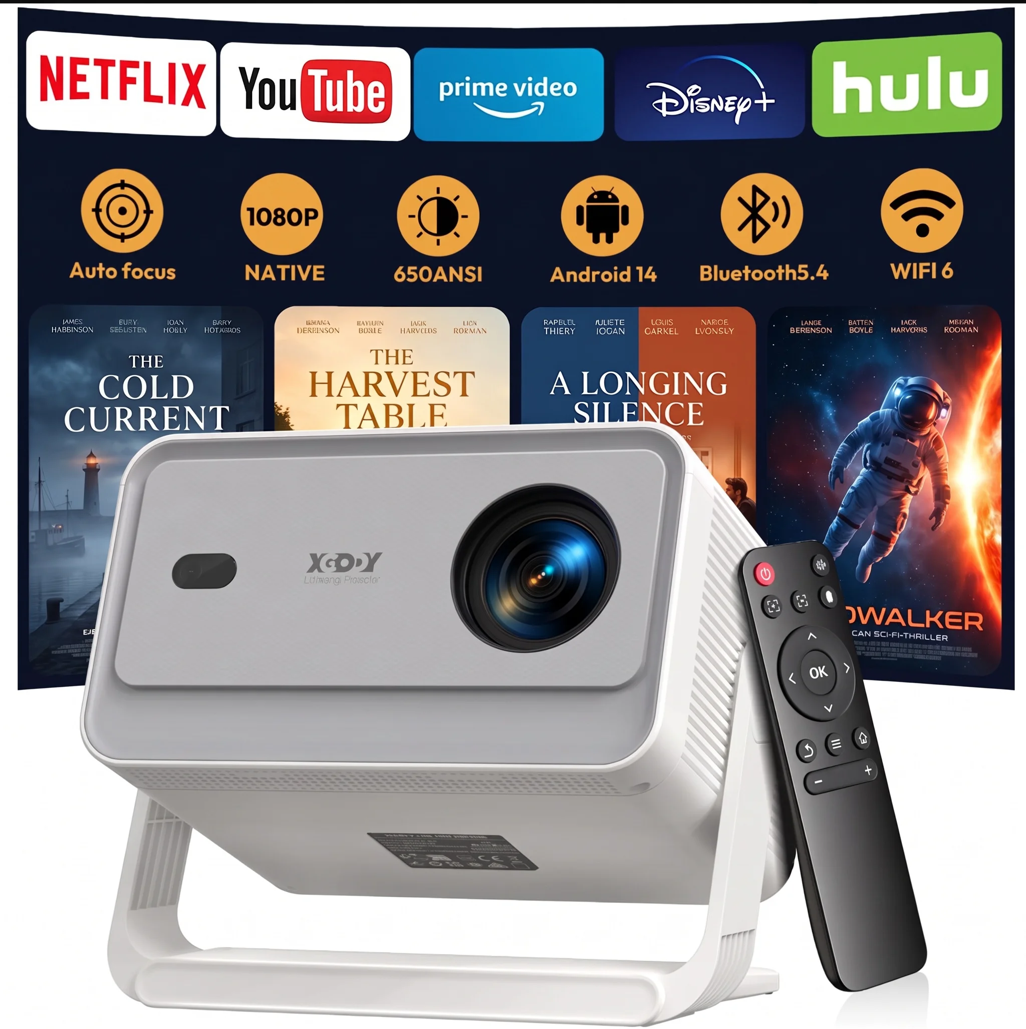 Proiettore 4K XGODY 650ANSI Beamer Nativo 1080P Smart Android 14.0 con Autofocus, Keystore, BT5.4, WIFI6 per Home Cinema