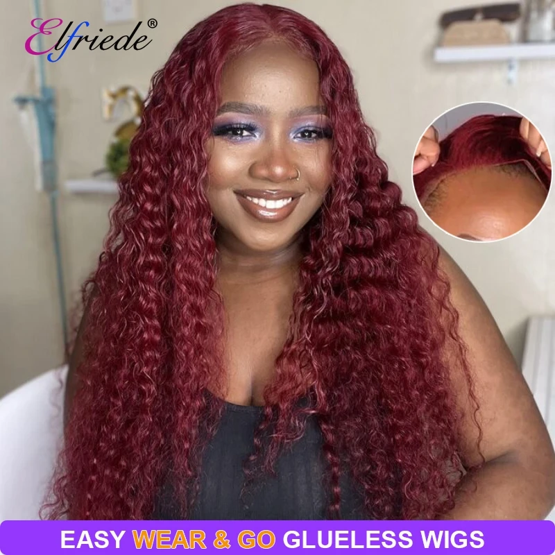 

Elfriede #99J Burgundy Deep Wave Glueless Wigs Human Hair Ready to Wear 4X4 Lace Closure Preplucked Human Hair Wig for Women