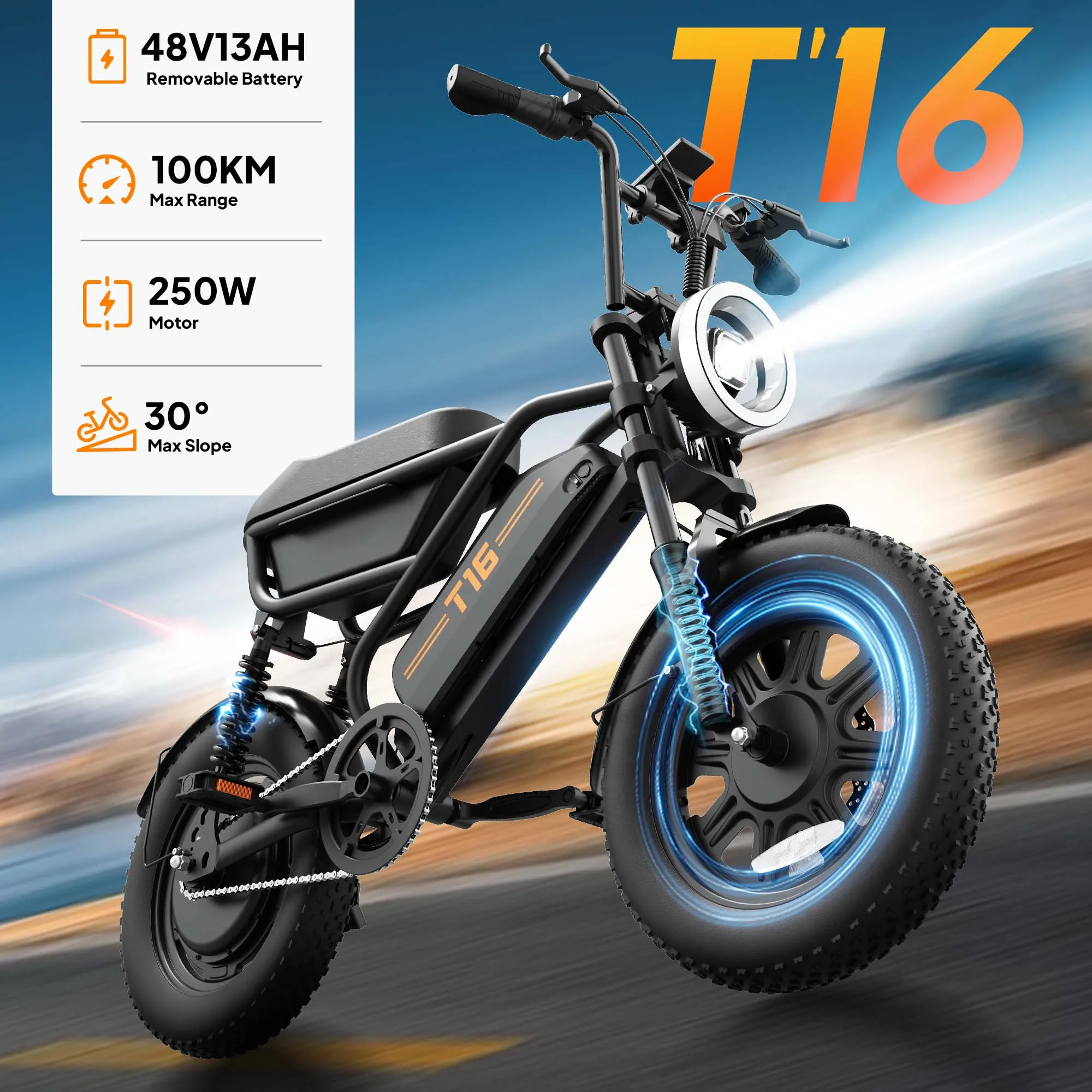 Urlife T16 E-Bike 16x3 Zoll Fatbike mit 48V 13AH Akku, doppelter tragbarer Federung zum Umschalten & Kofferraumstauraum, elektrisch verstellbar