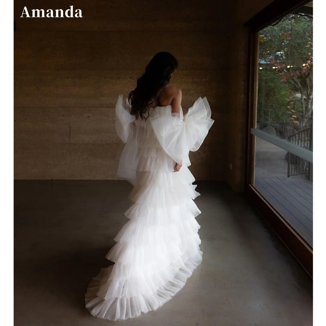 Amanda Luxury Strapless Multilayer Vestidos De Novia Big Bow On Sleeve Wedding Dress Gorgeous A-line Pleats Robe De Mariée