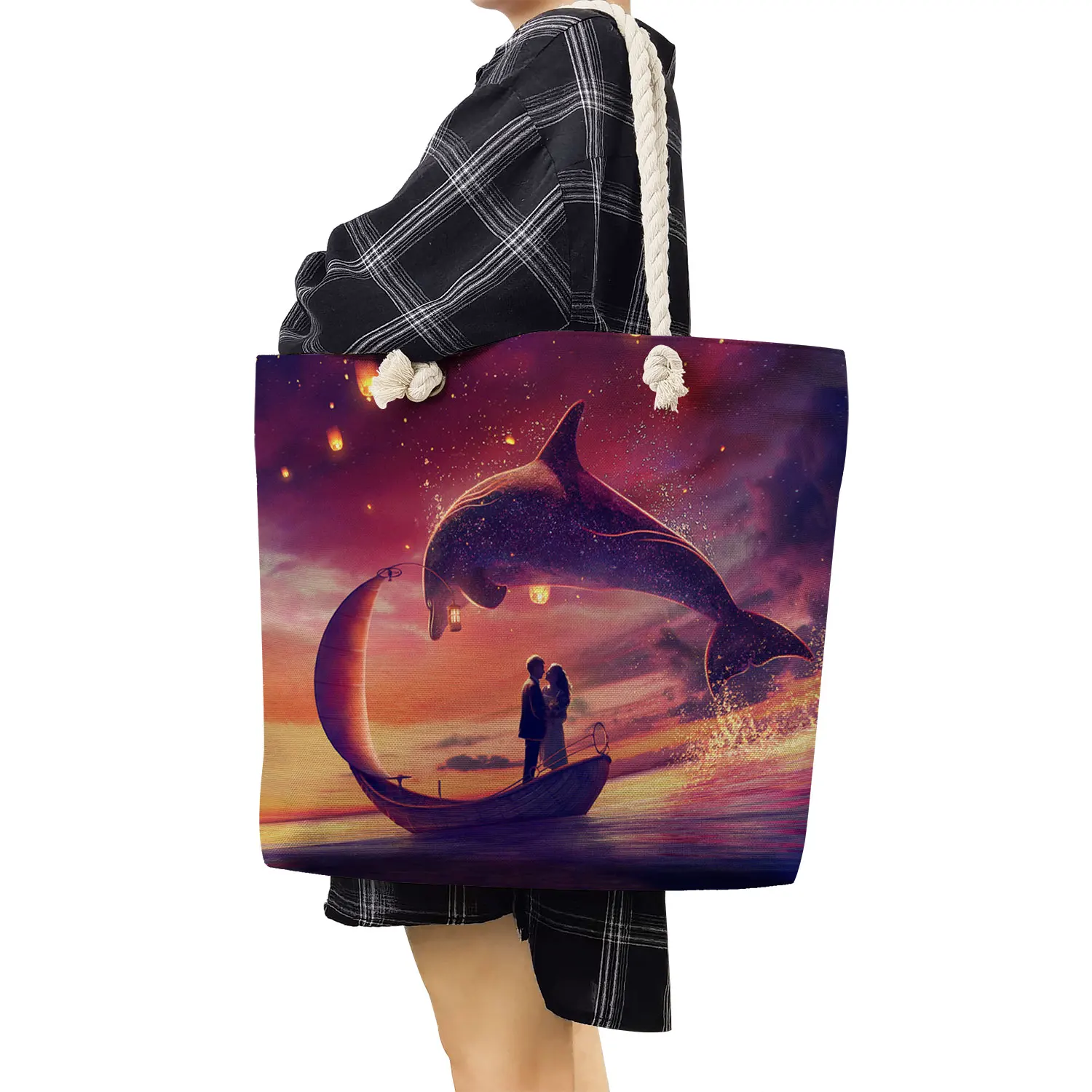 Turtle Whale Print Handbags Casual Large Capacity Shoulder Travel Beach Bag Ocean Series Foldable Women Groceries Shopping Bags