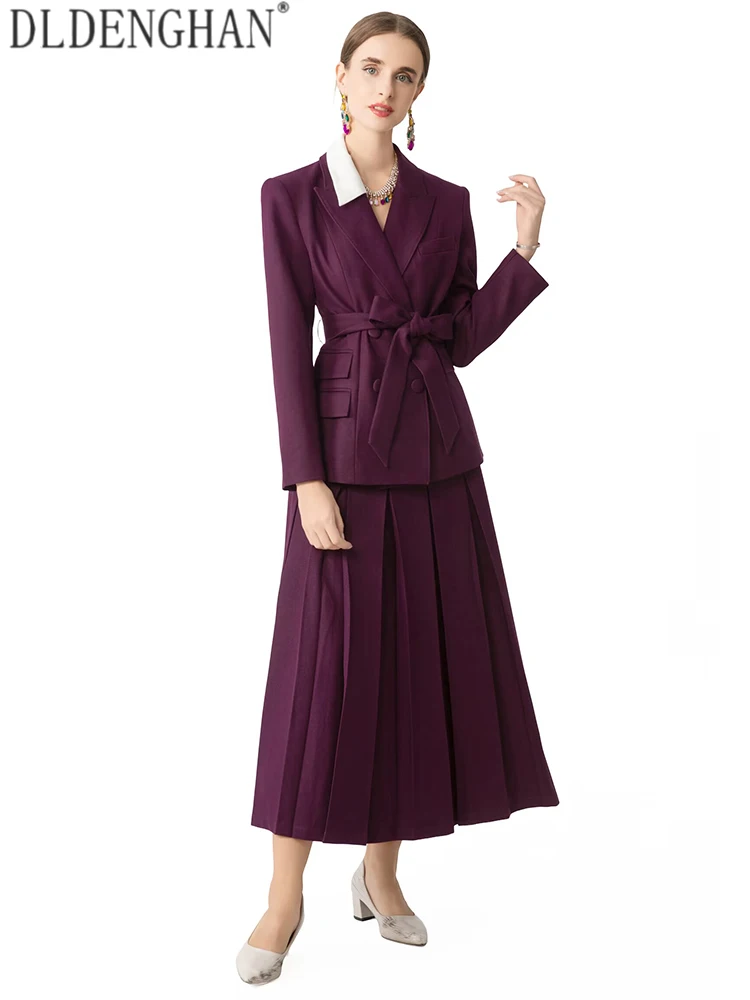 DLDENGHAN Women Lapel Long-sleeved Double Breasted Sashes Buttons Pockets Design Spring Autumnal New model High Street 2-Piece