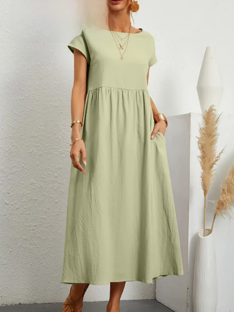 Robe Maxi Élégante en Coton et Lin pour Femme, Manches Courtes, Col Rond, Vintage, Harajuku, Été, Y2K, Poches