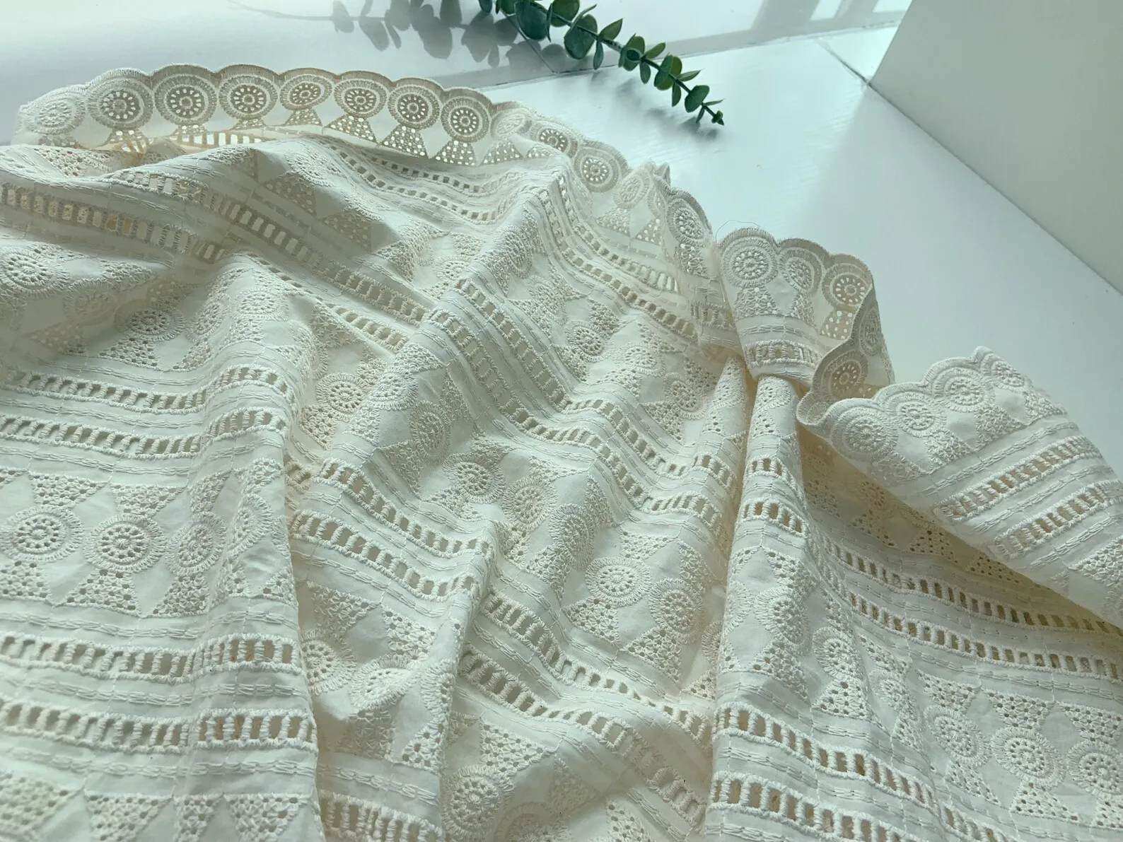 Ecru Embroidery Eyelet Cotton Lace Fabric for Wedding Dress By the Yard