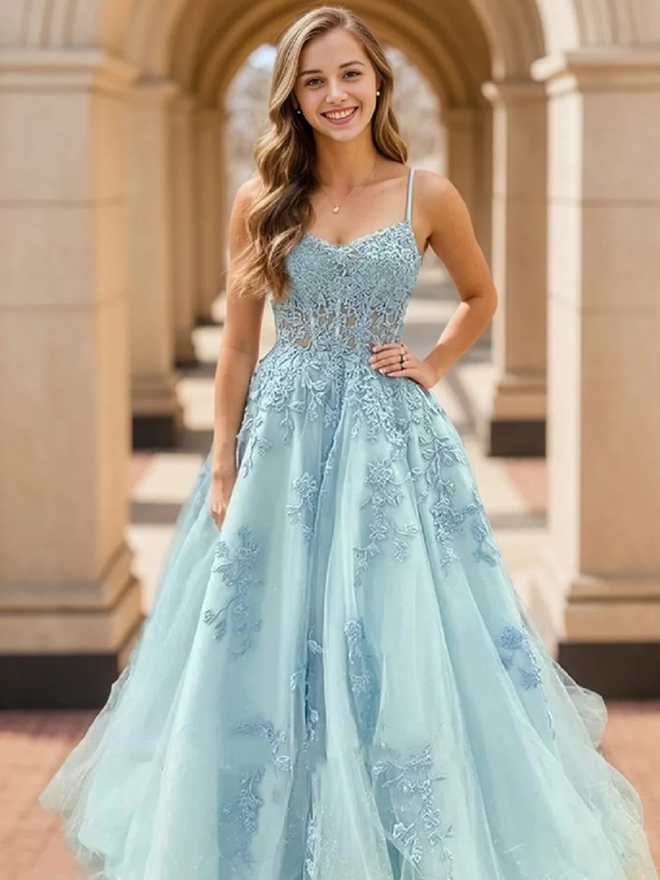 Eleganc A-line Princess Tulle Spaghetti Straps Floor-Length Corset Dress With Appliques Evening Dress vestidos de fiesta  mu2024