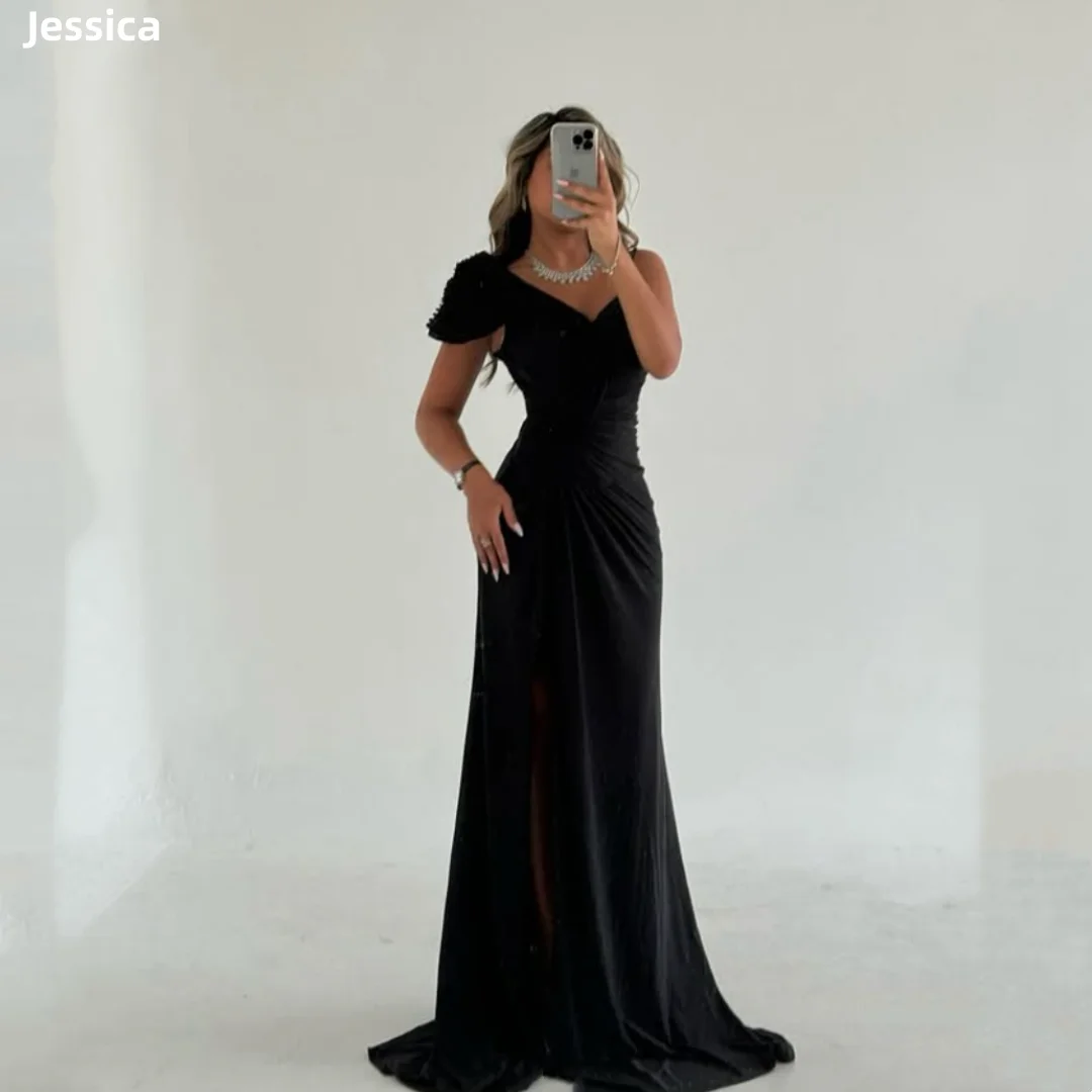 

Jessica Black Evening Dresses Hand-pleated Shoulder Prom Dresses Elegant Mermaid Side Slit Vestidos De Fiesta Customized