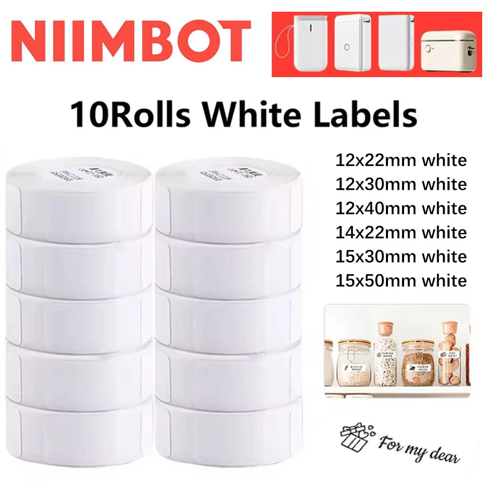 10 Rolls NiiMBOT D110 D11 D101 H1S Offical Label Printer Sticker White Paper Roll 12x30mm 12x40mm 15x30mm 15x50mm 14x22mm Label