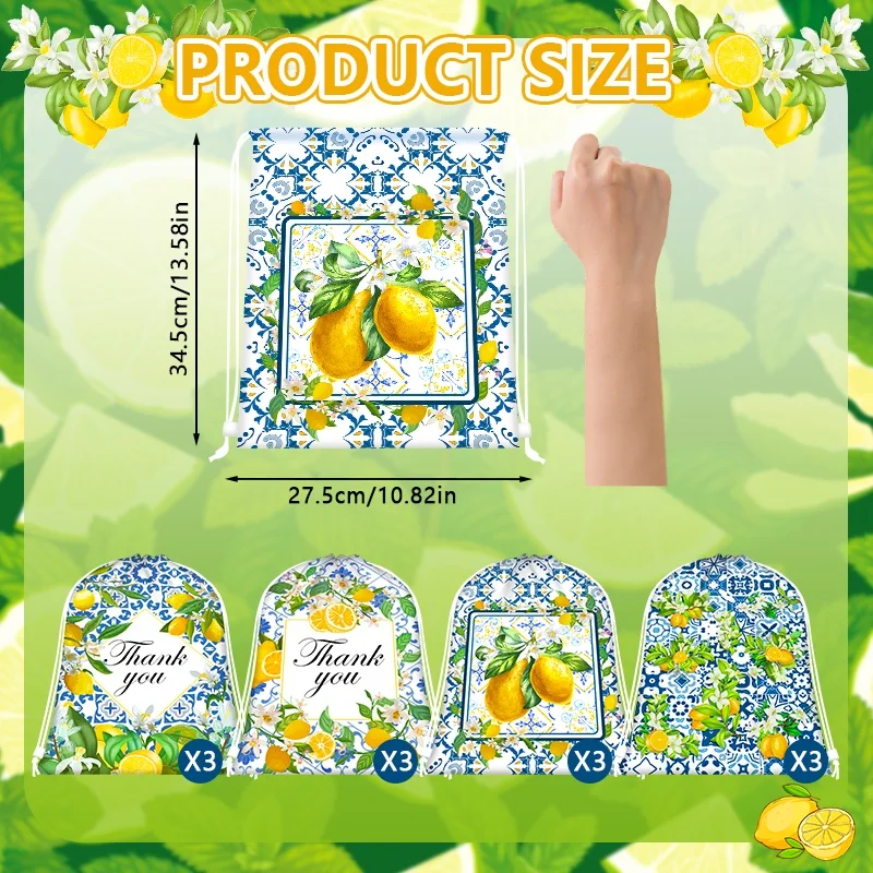 12Pcs Lemon Print Drawstring Backpack, Camping Bags Outdoor Bags, Lightweight Sack Bag for Sports Travel Party Storage Gift Favo