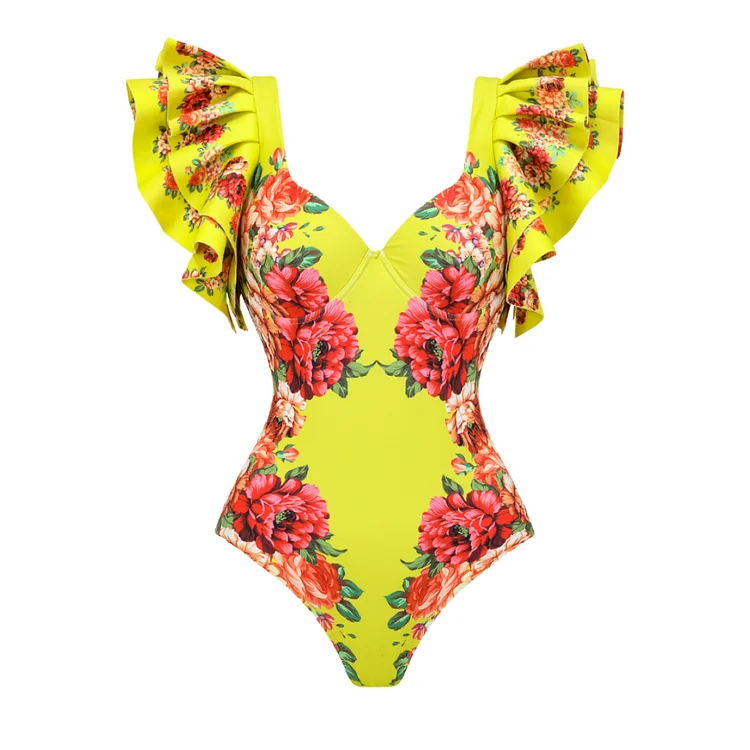 Bañador de una pieza con estampado de flores para mujer, conjunto de traje de baño de lujo con volantes y falda, ropa de playa, 2024