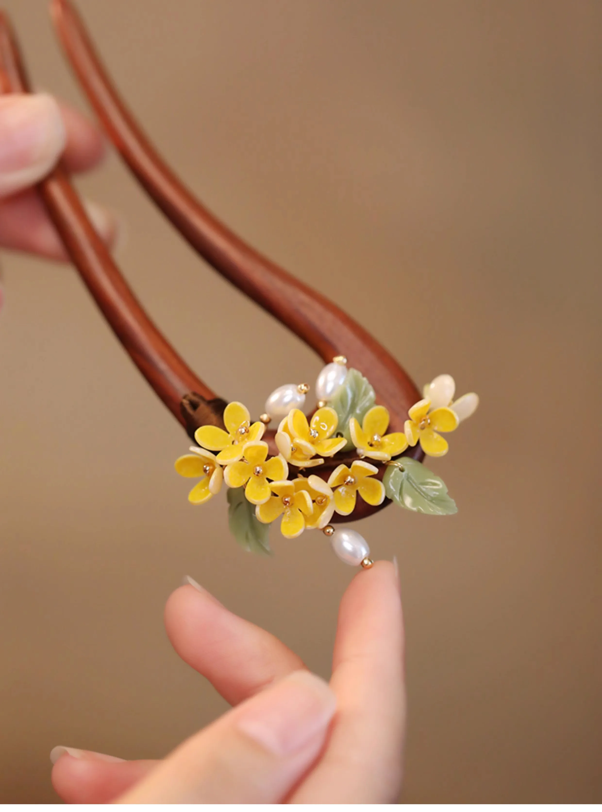 FXLRY Original Design Handmade Pearl Osmanthus Classical Sandalwood U-shaped Double Hairpin For Women/Gril Accessories