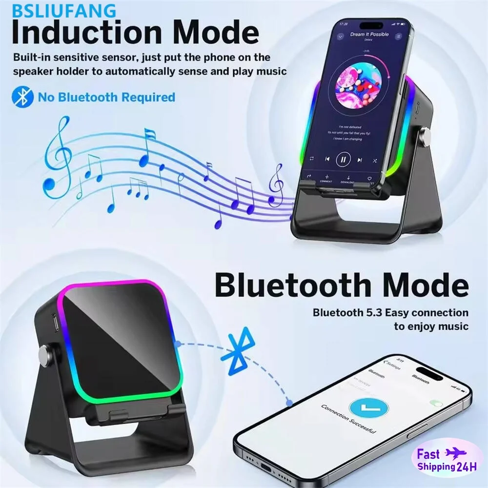 

2 in 1 Adjustable Phone Stand Bluetooth Speaker RGB Light Desktop Holder for Office Movie Watching iPhone Android Smartphones