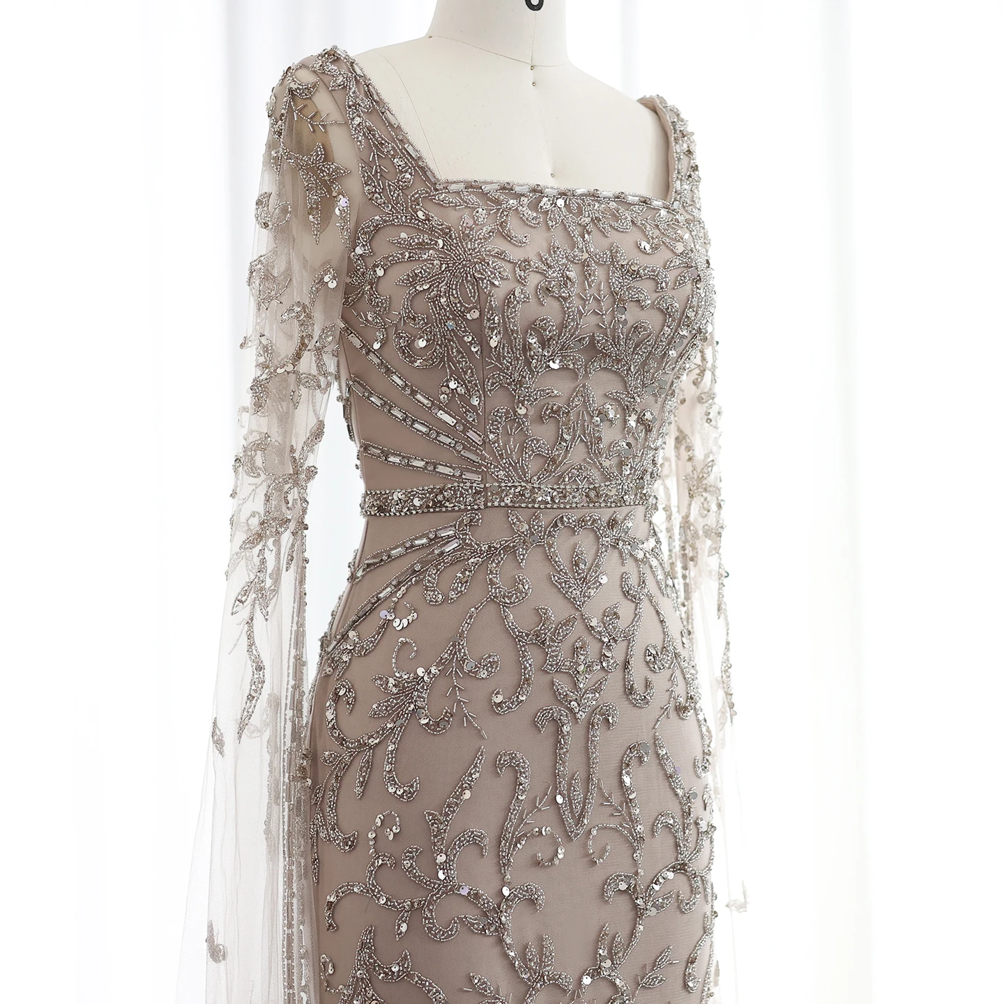 Sharon Said 2026 Luxuriöses Arabisches Türkisfarbenes Abendkleid mit Cape-Ärmeln, Quadratischem Ausschnitt, Arabian Nights Ballkleid SS469 Maßanfertigung – Detail 24
