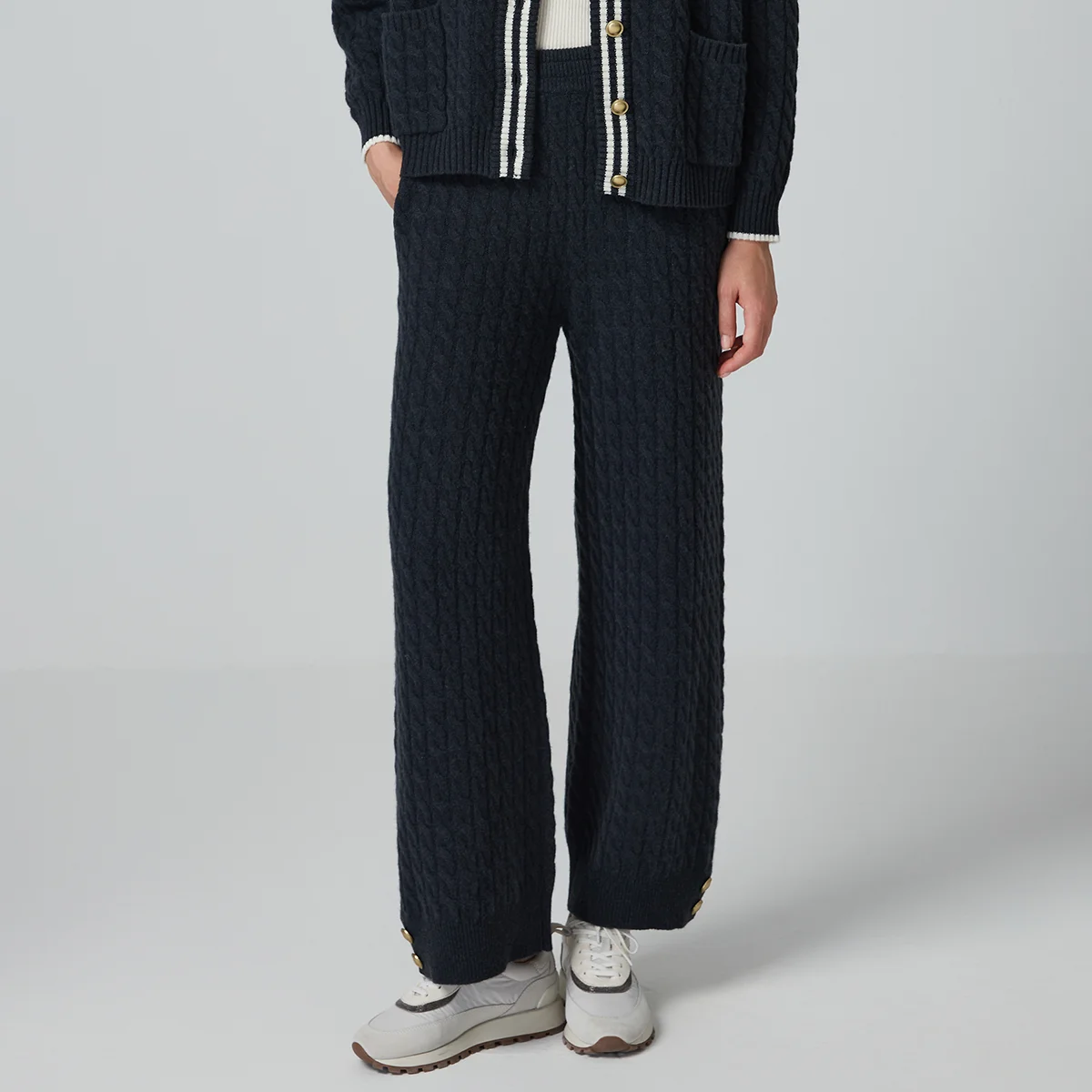 BD4521349 Elegant 100% Woolen Pants Women's French Style Twisted Knit Wide Leg Luxury Female Knitwear Trousers