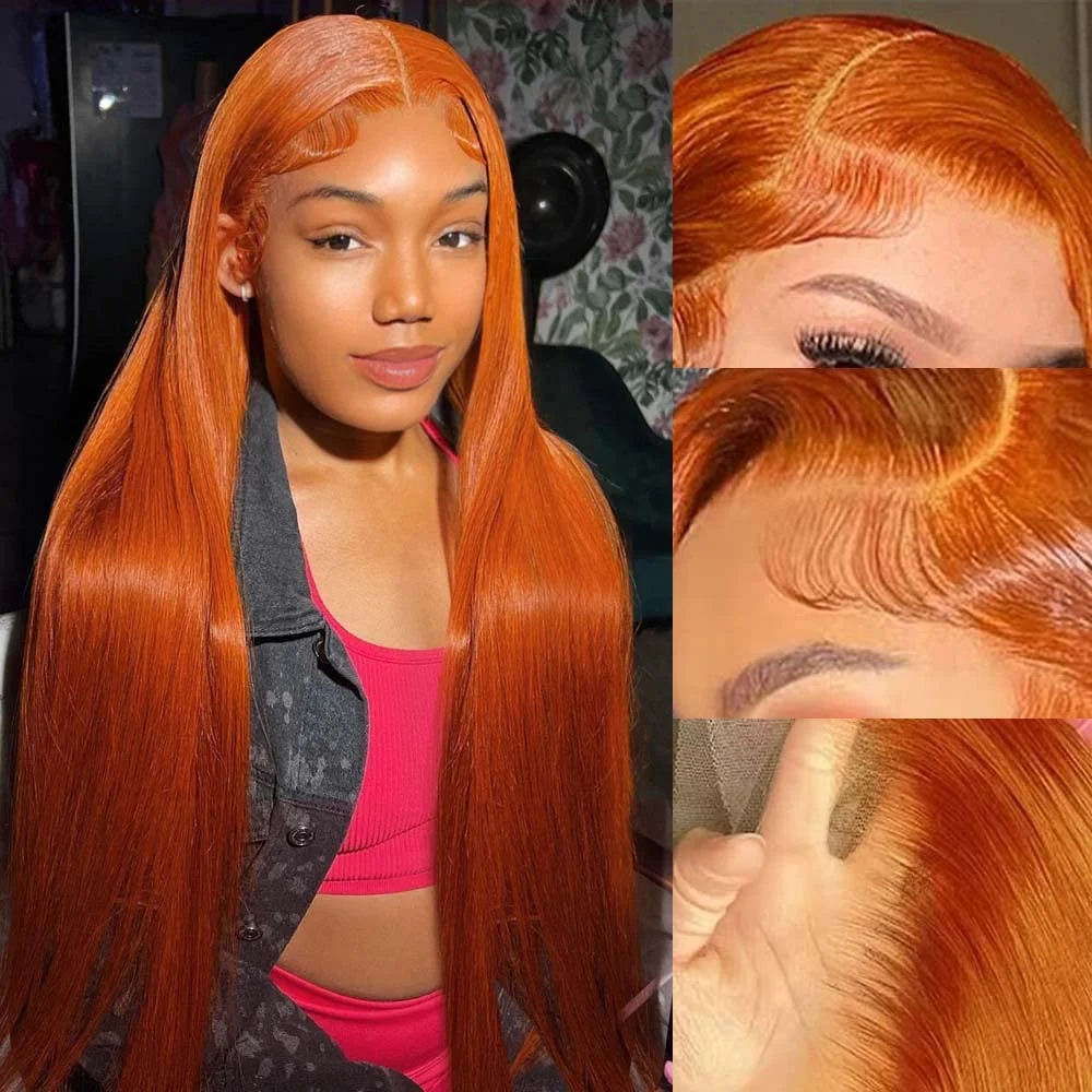 30 40 Inch Orange Ginger 13x6 HD Lace Frontal Wig Human Hair Bone Straight 13x4 Transparent Lace Frontal Color Wigs 150 Density