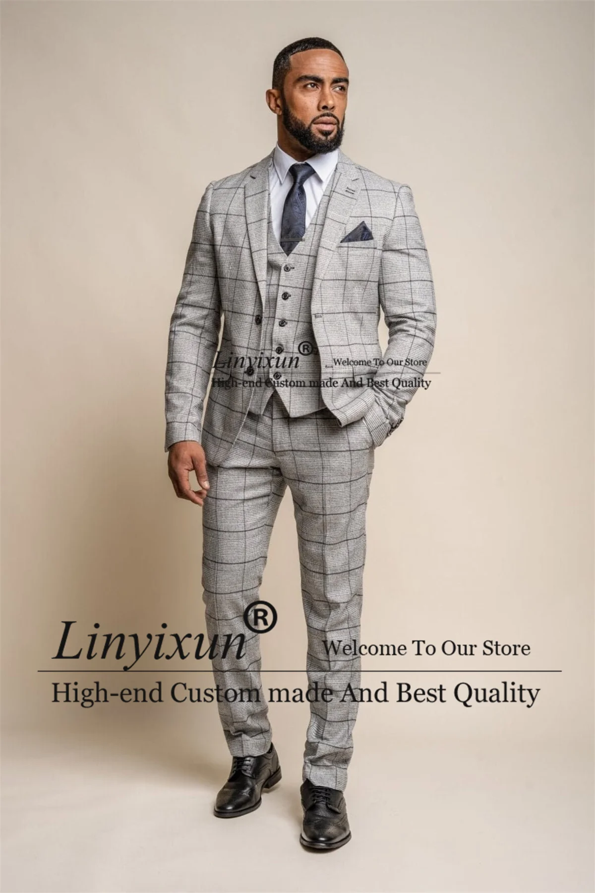 Mens Ghost Grey Tweed Check Suit 3 Piece Bespoke Premium Formal Wedding Groom Tuxedos Business Male Blazers Slim Costume Homme