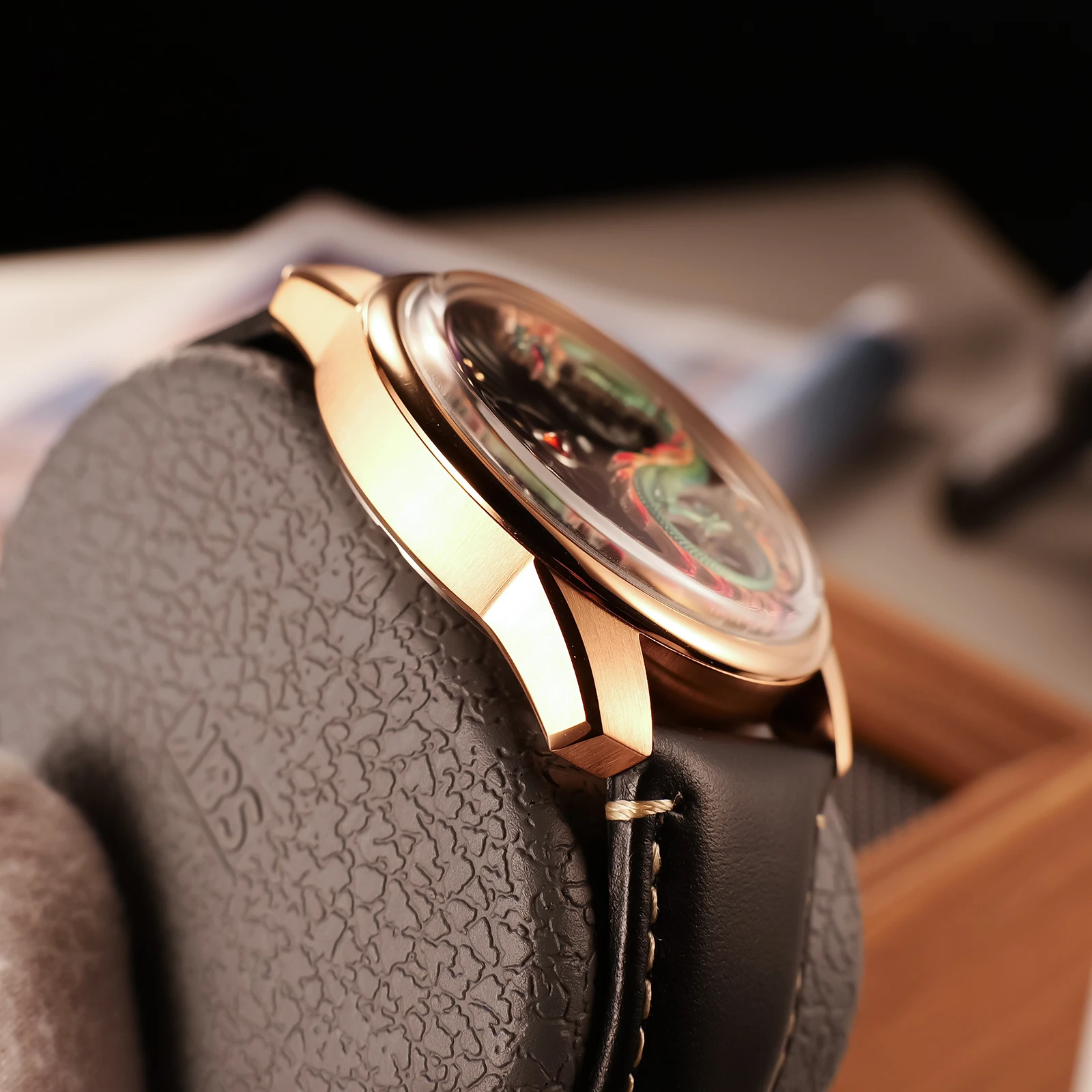 OBLVLO Luxury Rose Gold Green Dragon Mechanical Automatic Watch for Men Waterproof Black Leather Claasic Watches Clock JM-DRAGON