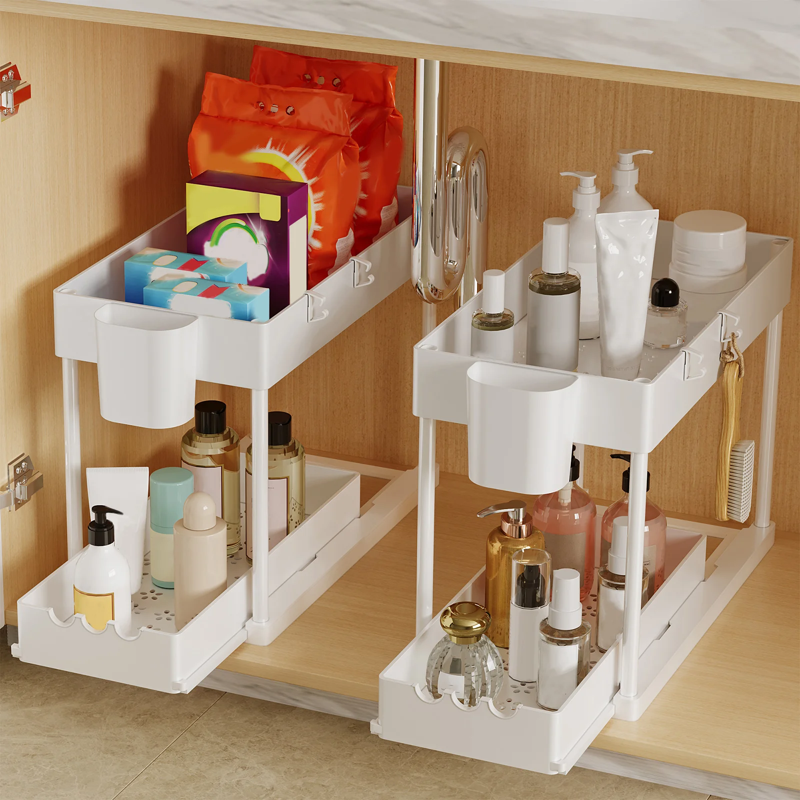 2Pcs 2-Tier Sliding Cabinet Organizer, Pull-Out Under Sink Rack, Double-Layer Storage Shelf for Kitchen & Bathroom