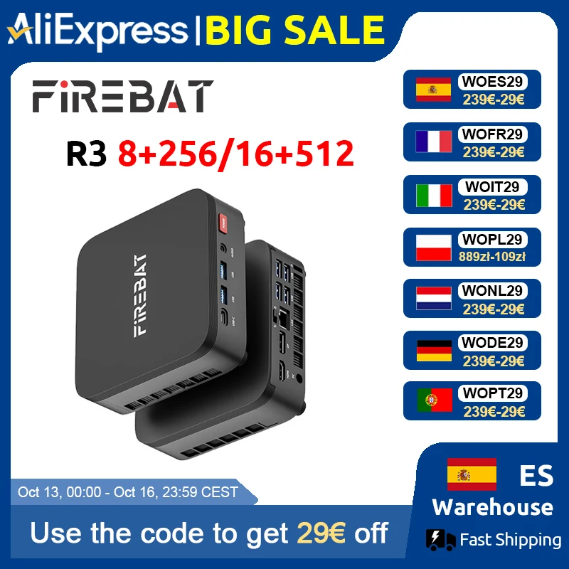 FIREBAT R3 Mini-PC AMD Ryzen 3 4300U 8GB/16GB LPDDR4 RAM 256GB/512GB SSD M.2 SATA Windows11 Pro Desktop-Computer WiFi6 BT5.2
