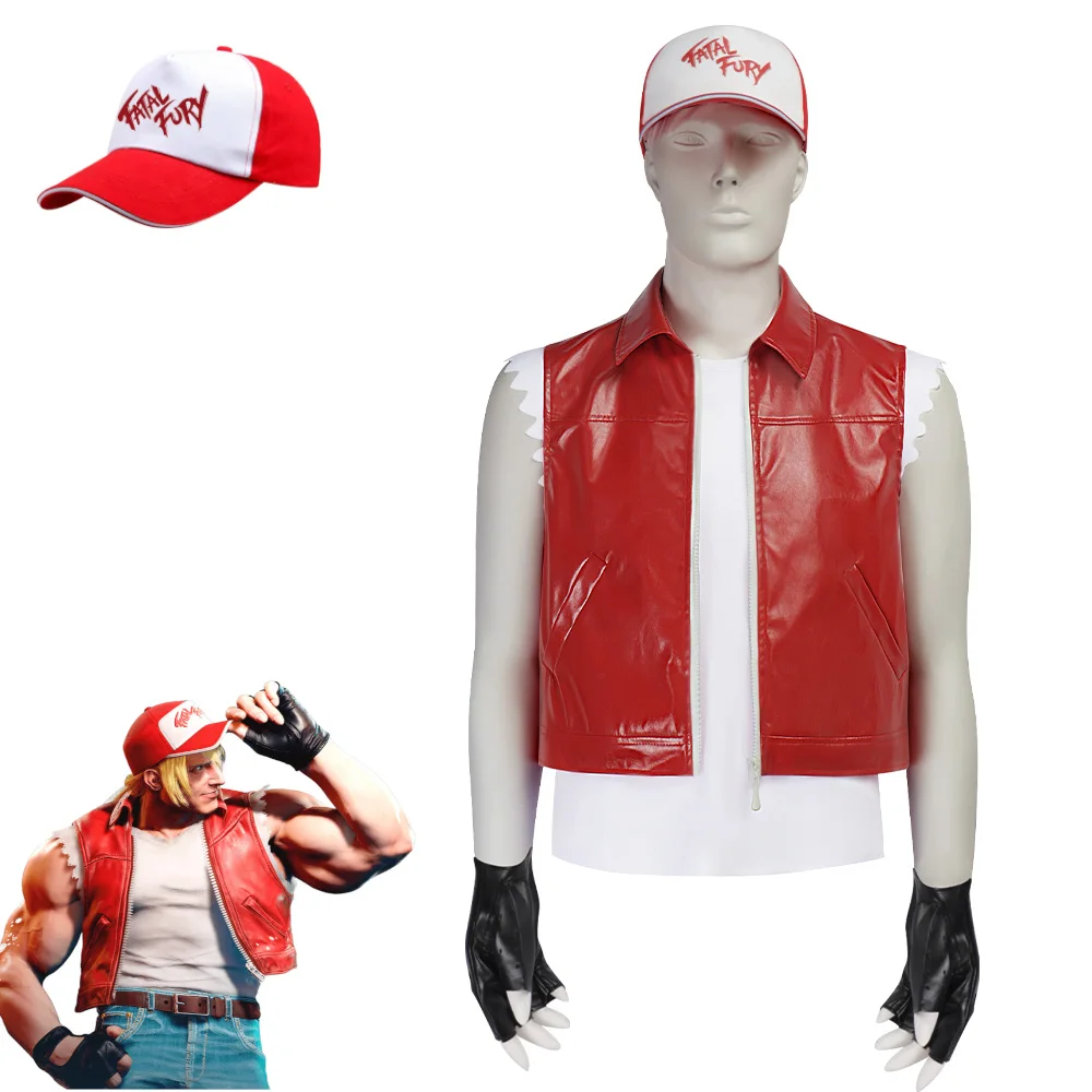

KOF Terry Cosplay Costume Terry Outfit With Fatal Fury Hat Red Leather Vest With Star Male Cosplay Costume