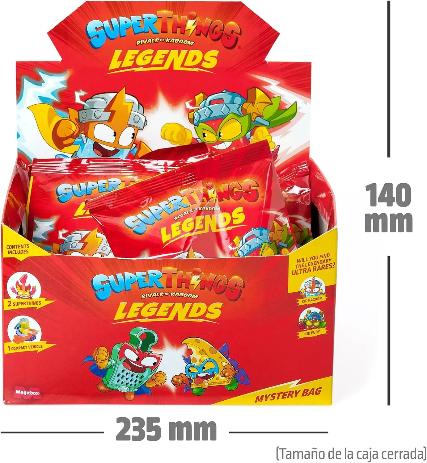 SUPERTHINGS Legends - Mystery Bag. Box with 18 envelopes of the most legendary characters in SuperThings. Each envelope includes 2 SuperThings and 1 vehicle-contains 1-9 Series products