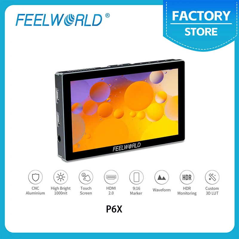 

FEELWORLD P6X 5,5-дюймовый алюминиевый полевой монитор для камеры с сенсорным экраном, 4K HDMI, высокая яркость 1000 нит