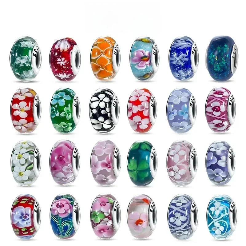 Echtes Sterlingsilber 925, Blumen-Charms, Glas, neue Original-Perle, bunt, Murano, passend für Original-Armbänder, DIY für Frauen, Schmuck, Geschenke