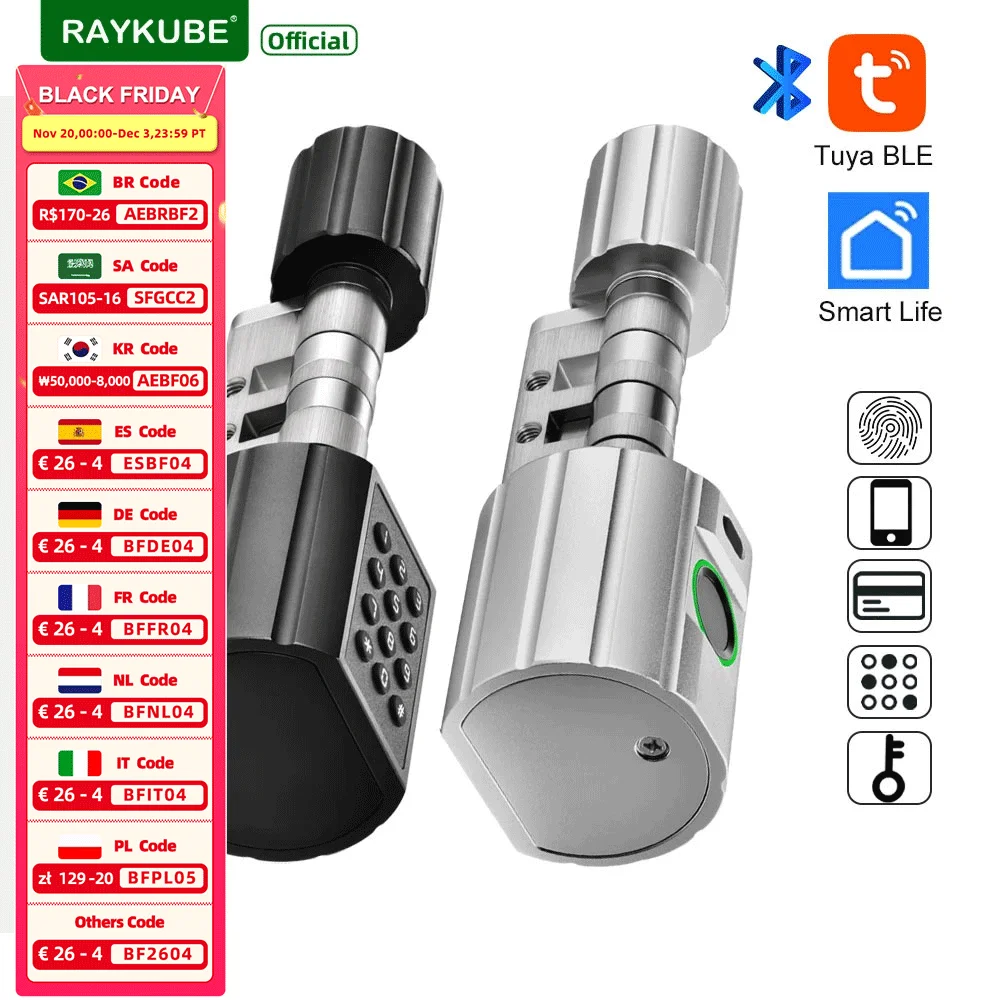 RAYKUBE L12 Tuya BLE Fingerprint Cylinder Digital Door Lock With 60/70 mm Adjustable Cylinder length Password/Key/Tuya APP Unlok