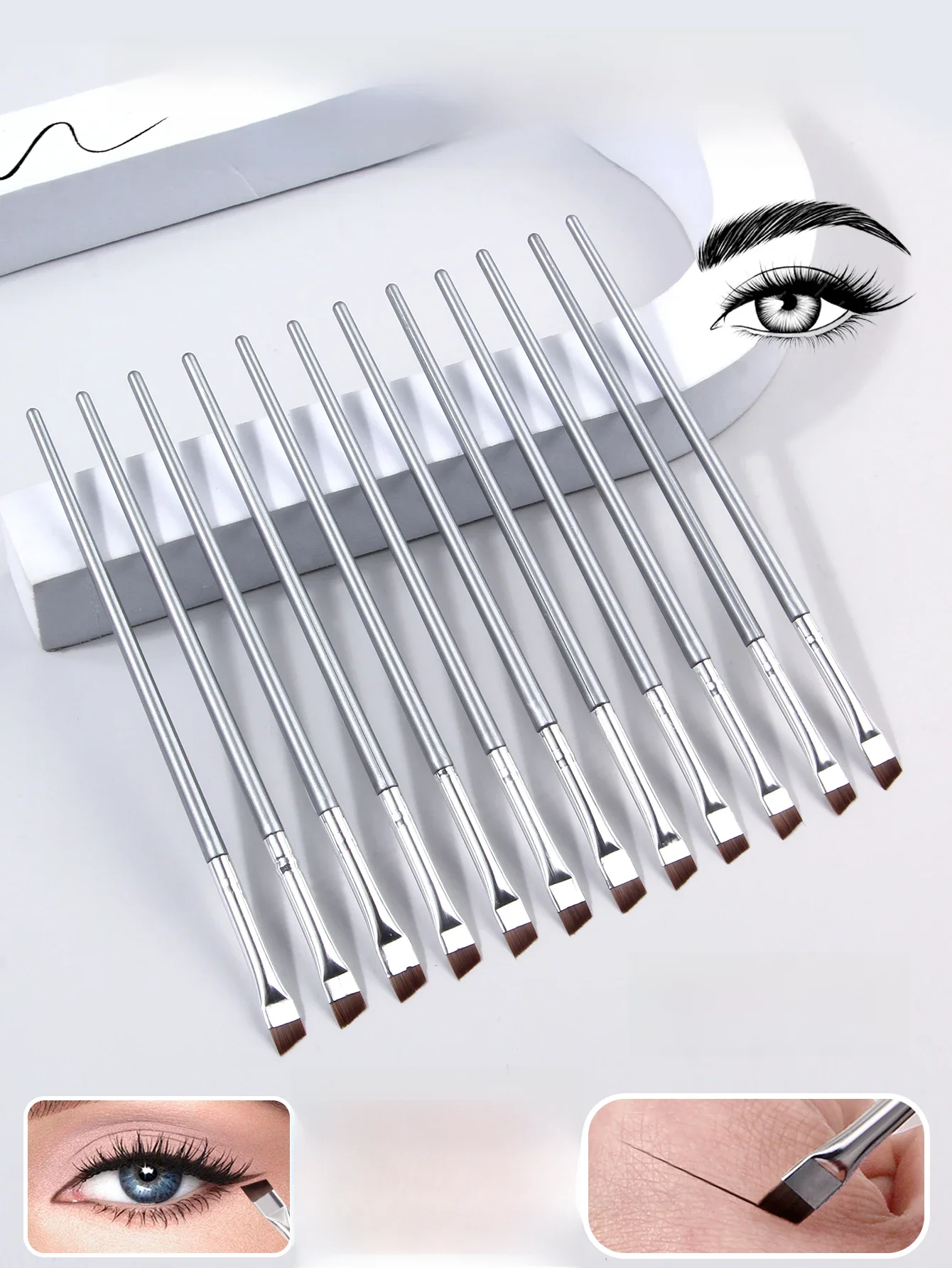 Ensemble de pinceaux Eyeliner à lame Super fine argentée, 12 pièces, pinceaux de maquillage doux, brosse à sourcils Portable et outil cosmétique polyvalent