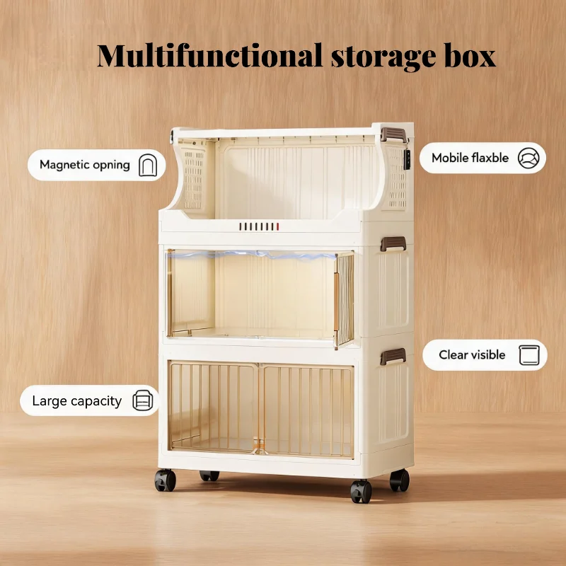 Foldable wheeled coffee corner storage cabinet, white plastic stackable storage cabinet, with magnetic door, multi-layer rolling storage cart, suitable for storage room, bedroom, living room, bathroom view 4
