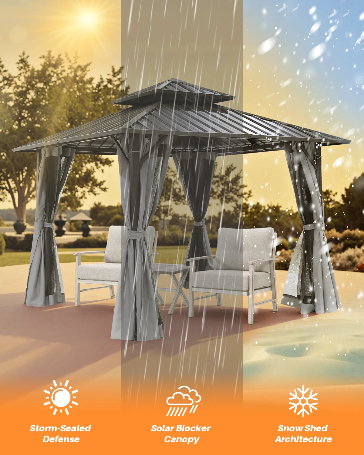 شرفة شرفة SeeHill بإطار من الألومنيوم مقاس 10 × 10 بوصات، وعريشة فناء خارجية مع أسطح فولاذية مزدوجة وستائر وشبكة #6