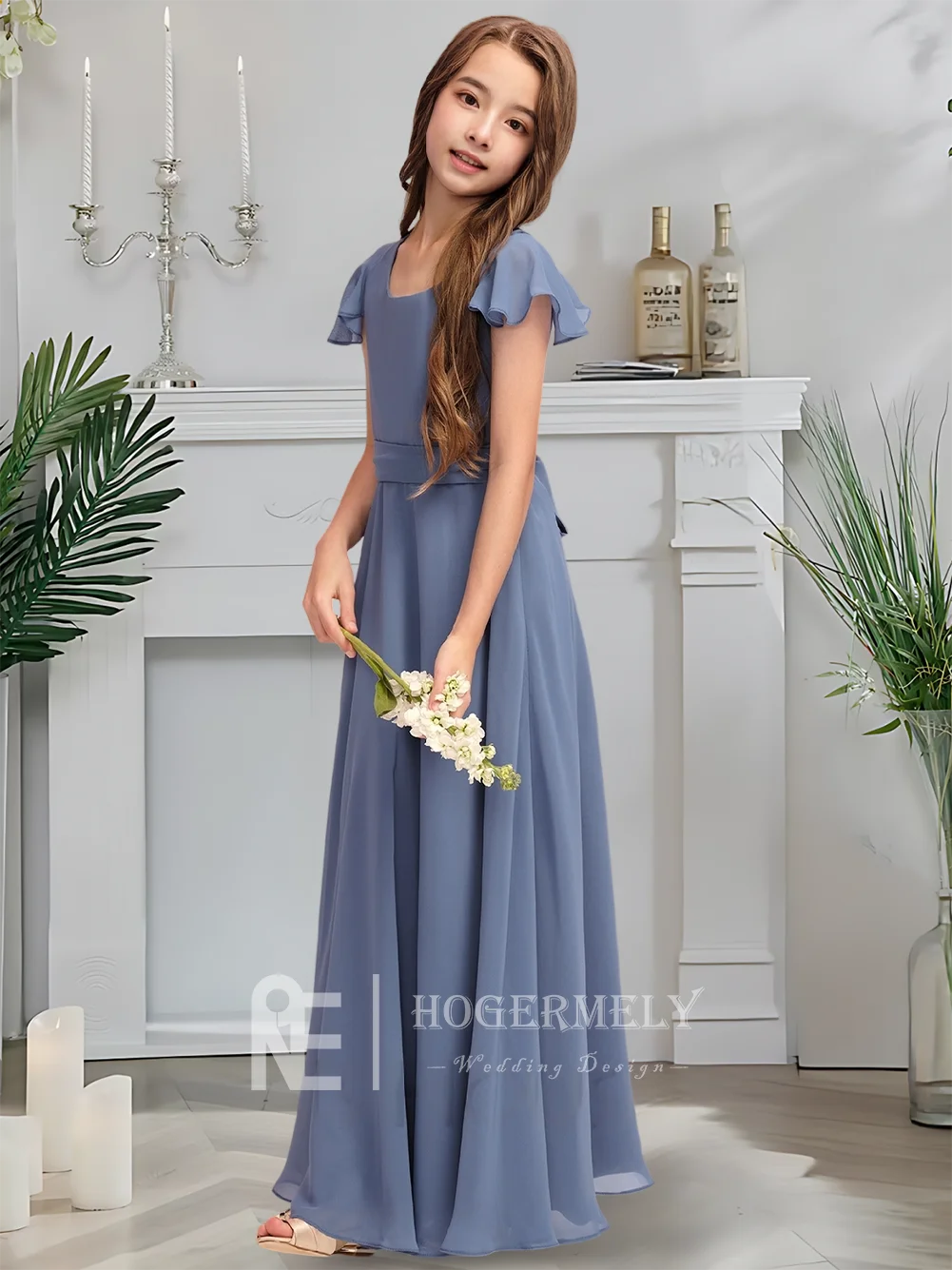 Gaun Pengiring Pengantin Junior Sifon Leher Persegi A Line Biru Panjang Lantai dengan Pita Selempang Ideal untuk Gaun Gadis Bunga Pesta Pernikahan Gow