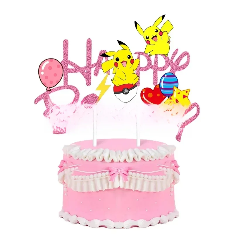 Décoration de gâteau Pokemon, carte de gâteau pikachu, fournitures de fête d'anniversaire pour enfants, garçons et filles, réception-cadeau pour bébé, plantation de drapeau d'anniversaire, nouvelle