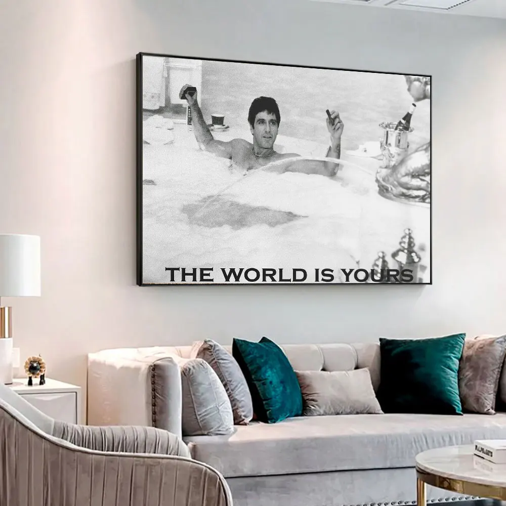 

The World Is Yours Motivational Quote Scarface Movie Poster Prints Canvas Wall Art Man Bath Tub Painting for Bathroom Home Decor