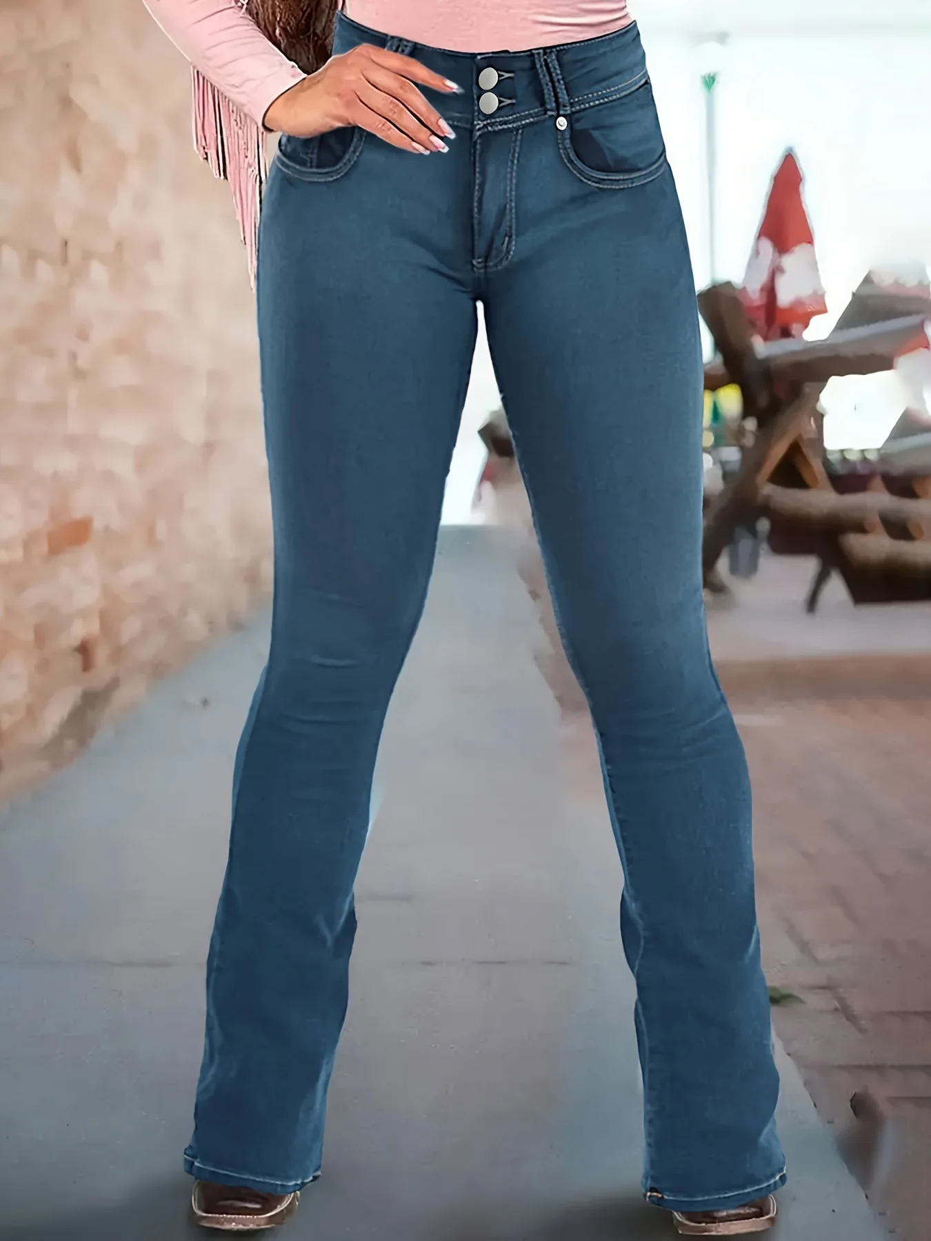 Jean Bootcut extensible taille haute pour femme, pantalon décontracté en Denim délavé à Double bouton et jambe droite