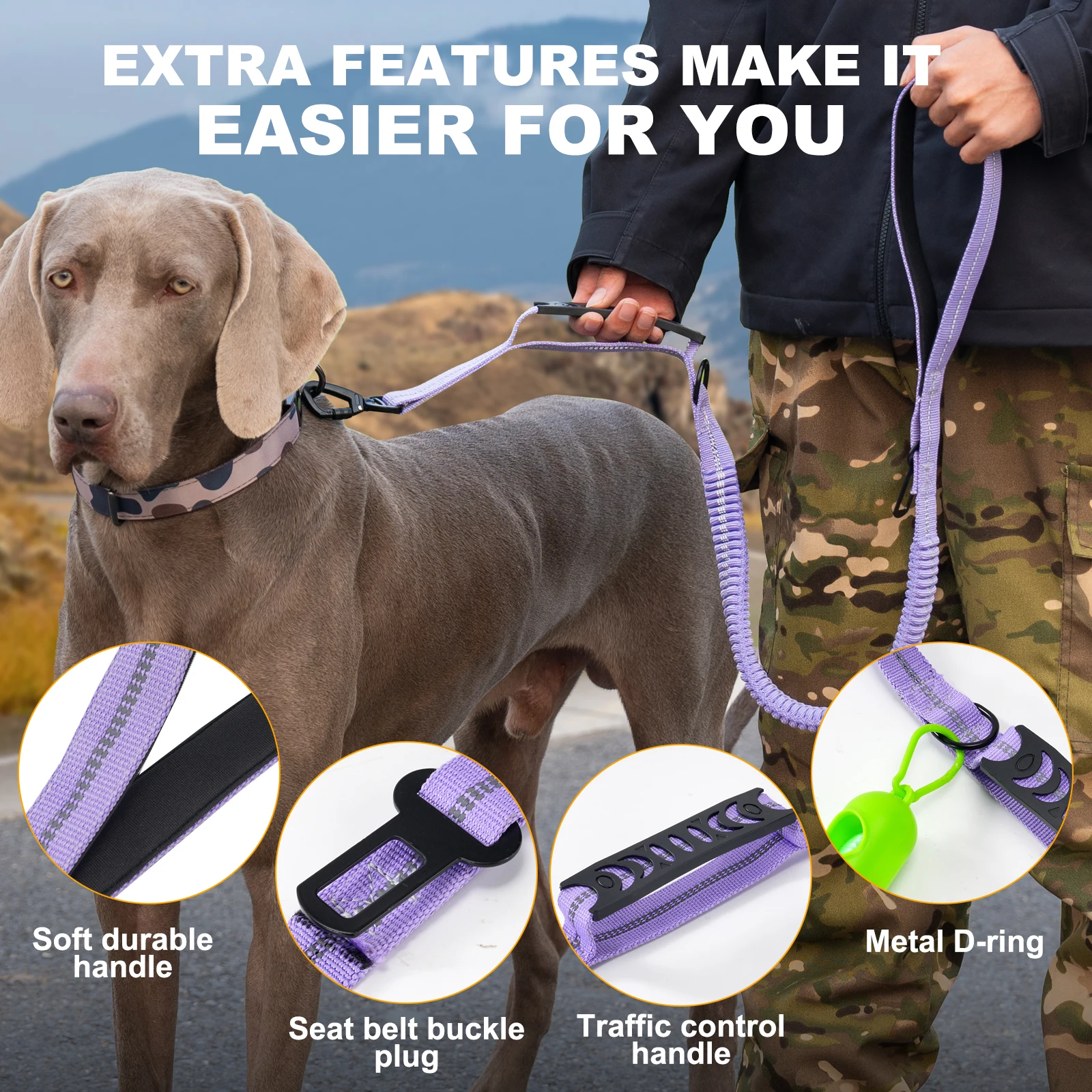 Tactical Dog Leash Heavy Duty Reflective Strong No Pull Bungee Leash for Medium Large Dogs with Comfortable Padded Double Handle