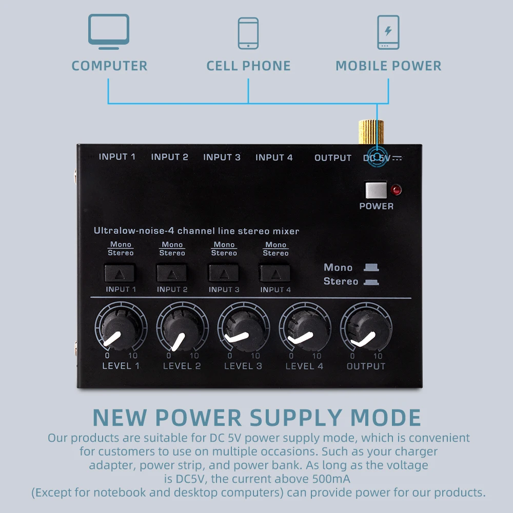 Mini Stereo Mixer MAX400 Ultralow Ruído 4 Canais Misturadores Console DC5V Com Adaptador De Alimentação para Guitarra Elétrica Tambor Piano