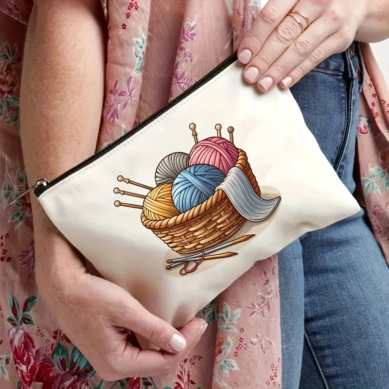 1Pc Multi-Color Yarn Ball Knitted Retro Design Cosmetic Bag, Snack Storage Bag, Stationery Storage Bag, Fashionable Toiletry Bag, Canvas Double-Sided Printing, Multi-Functional Travel Storage Bag