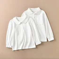 Girls Cotton Polo Shirt Children White Long-sleeved T-shirt Loose Breathable Size 90-170