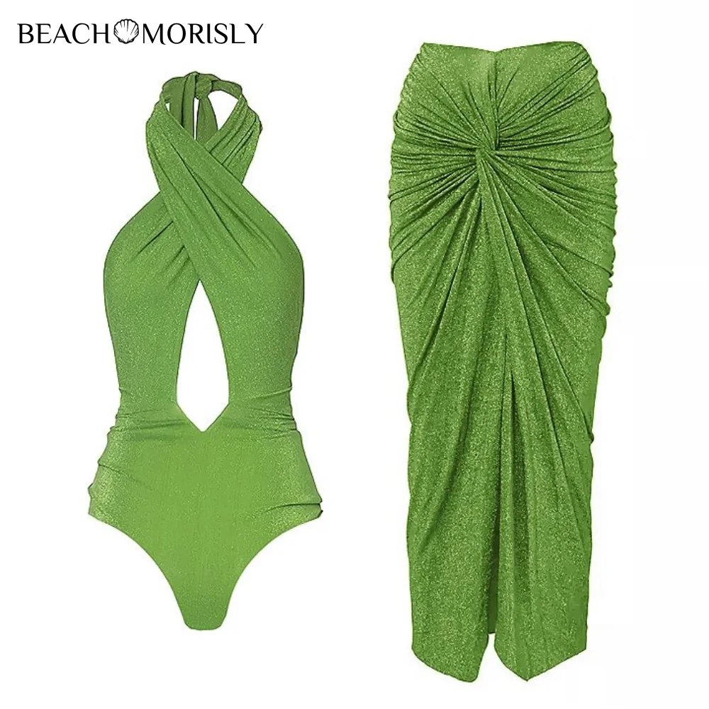 2024 New  green Halter One piece Swimsuit set Shiny Texture Pleated Women Swimwear Beachwear bathingsuit