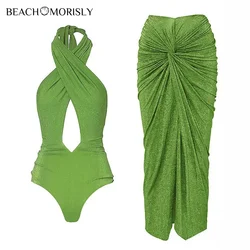 2024 New  green Halter One piece Swimsuit set Shiny Texture Pleated Women Swimwear Beachwear bathingsuit