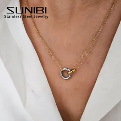 SUNIBI 316L Stainless Steel Necklace for Women Two-Color Pendant Chokers Trend Fashion Necklaces Festival Party Gift Jewelry