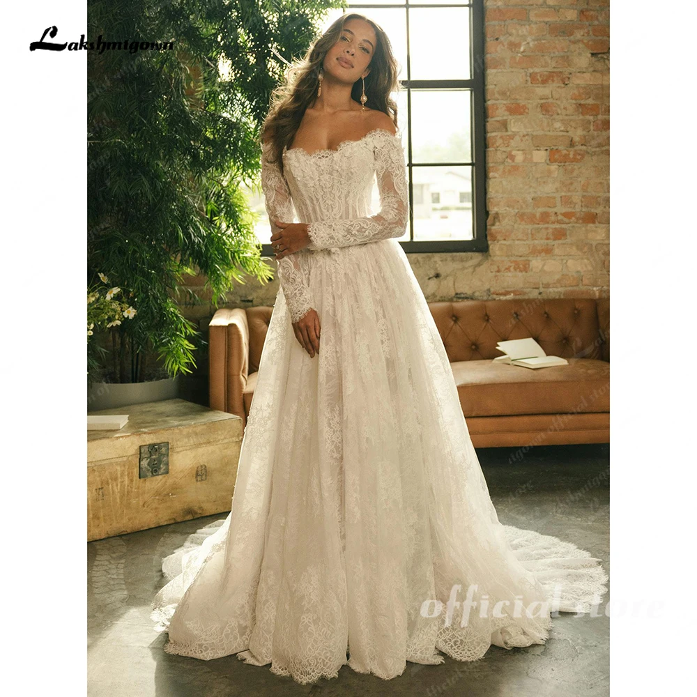 Lakshmigown Brautkleider mit U-Boot-Ausschnitt und Spitze für Frauen, lange Ärmel, Spitzenapplikationen, Robe De Soiree De Mariage, maßgeschneidert. – Detail 5