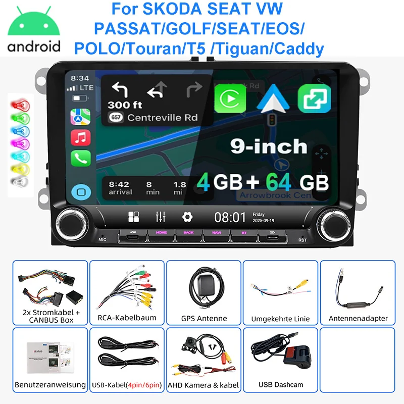 ESSGOO Autoradio Android15 9" 4+64 GB voor VW Golf 5 6 Plus Touran Caddy Jetta Passat Polo GPS Navigatie Bluetooth RDS FM WiFi Draadloze CarPlay Android Auto 2+32 GB Stuurwielbediening Aanraakscherm