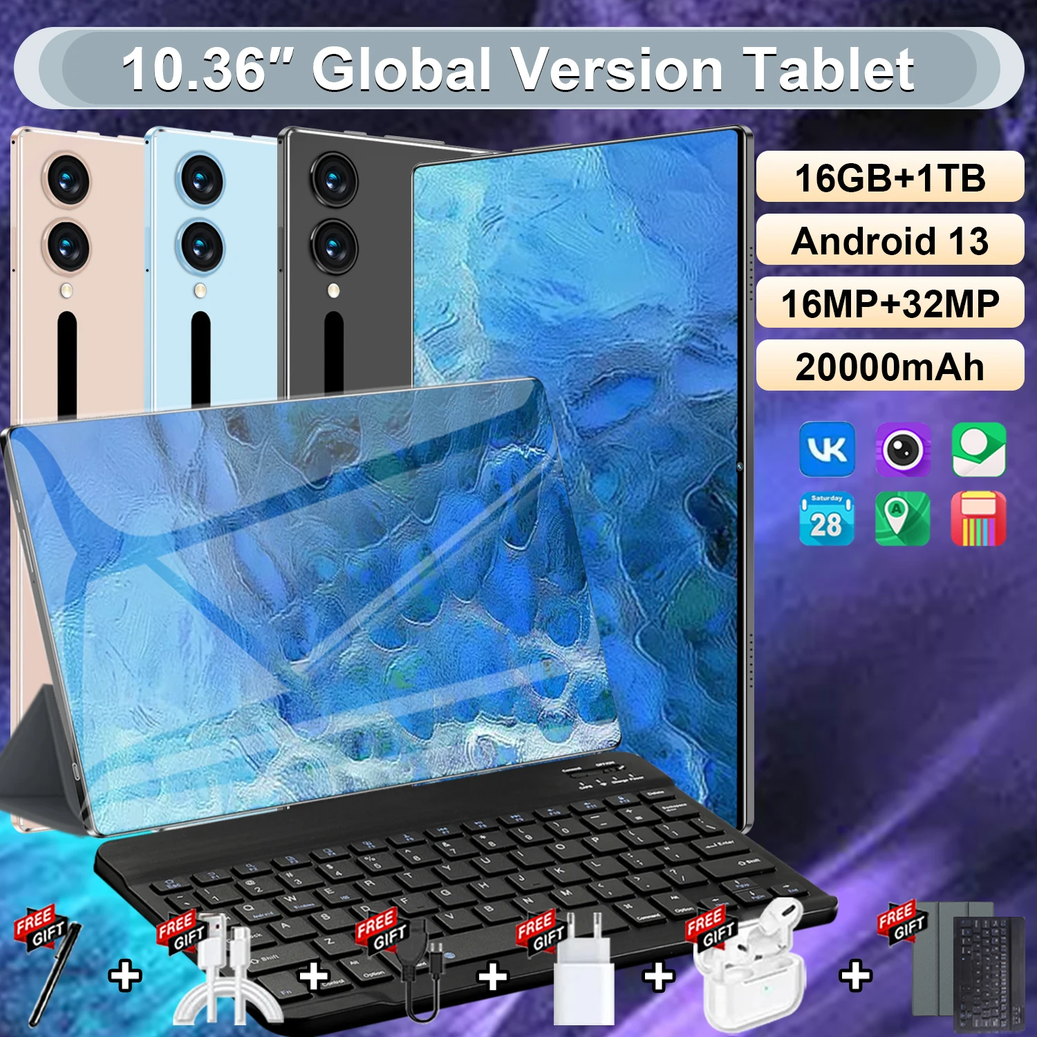 Tabletas 5G de 10.36" Tablet PC Android 13 con Doble Cámara, Google Play, 14 Núcleos, Doble SIM, Bluetooth, Wifi, 16 GB de RAM + 1 TB de ROM