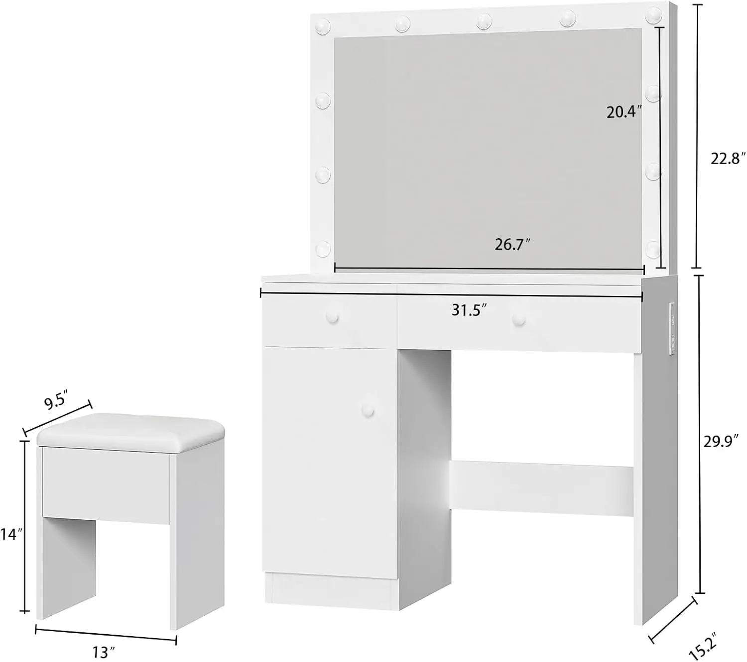 White Makeup Vanity Desk with Lighted Mirror and Storage Chiar Set  11 LED Light Bulbs, 3 Lighting Modes, Built-In Charging Station, Storage Cabinet and Drawe for Bedroom